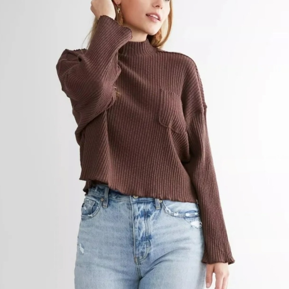 Billabong brown ribbed body mock neck top